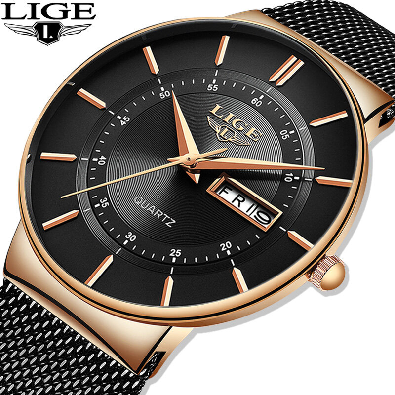 ساعات رجالي LIGE العلامة التجارية الفاخرة مقاوم للماء رقيقة جدا تاريخ ساعة الذكور الصلب حزام ساعة كوارتز عادية الرجال الرياضة ساعة معصم