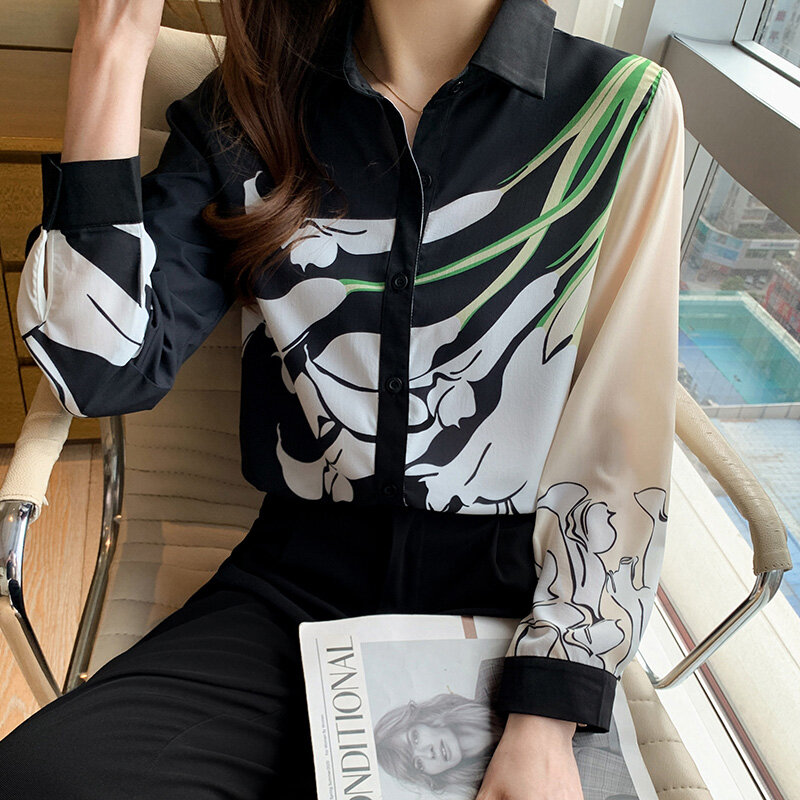 تصميم الطباعة الشيفون قميص المرأة الفرنسية الرجعية التباين اللون بلوزات موهير دي مودا 2022 فيرانو أنيقة الملابس الموضة