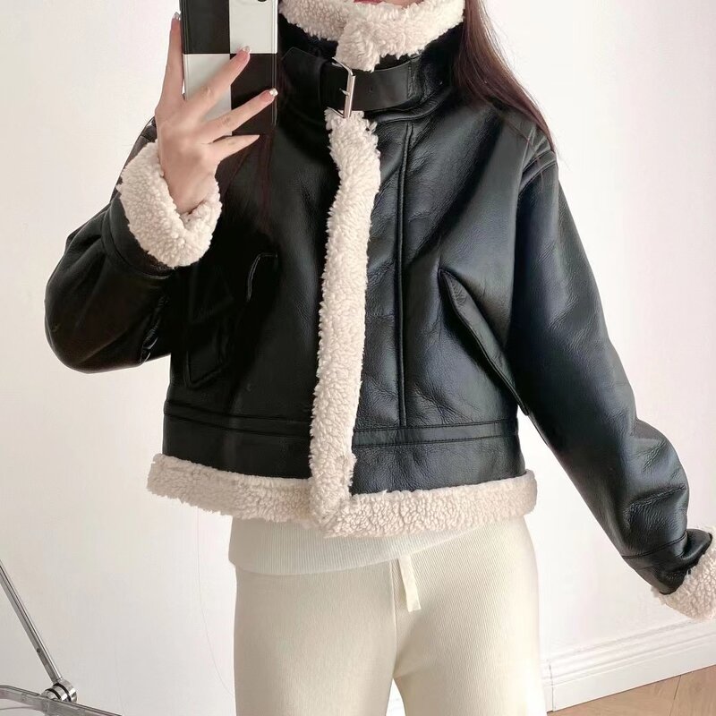 Faux Soft Lamb Leather Lamb Fur Jacket 2022 New Winter Women Streetwear Moto Biker Pocket Thick Warm Short Coat Ladies Outwear