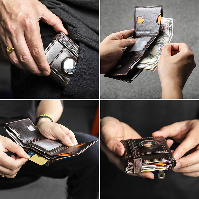 CONTACT'S جلد طبيعي AirTag محافظ للرجال شريط مطاطي تحديد حامل بطاقة التعريف بالإشارات محفظة نسائية للعملات المعدنية ثلاثة أضعاف الرجال المال كليب