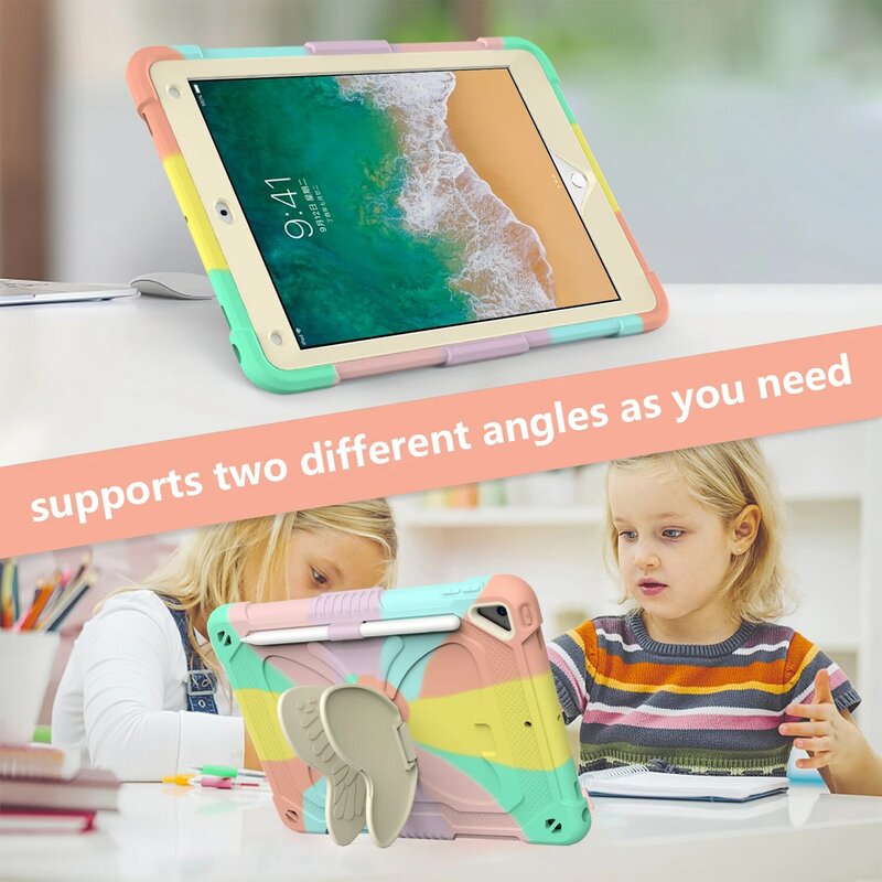 حافظة لجهاز Apple iPad 6 7 8 9 Air 2 3 Pro 10.2 بوصة آمن للأطفال مزود بحامل على شكل فراشة واقي للكتف