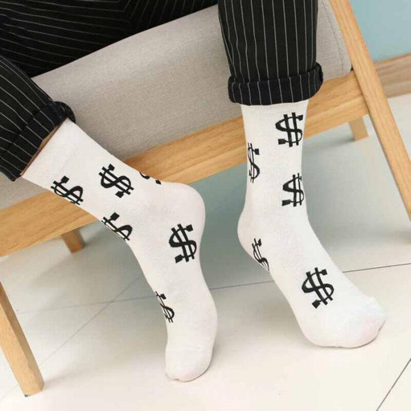 1 Pair Thermal Socks Winter Warm Funny Dollar Print Men Causal Thicken Socks Crew Sportswear Cotton Black White Socks