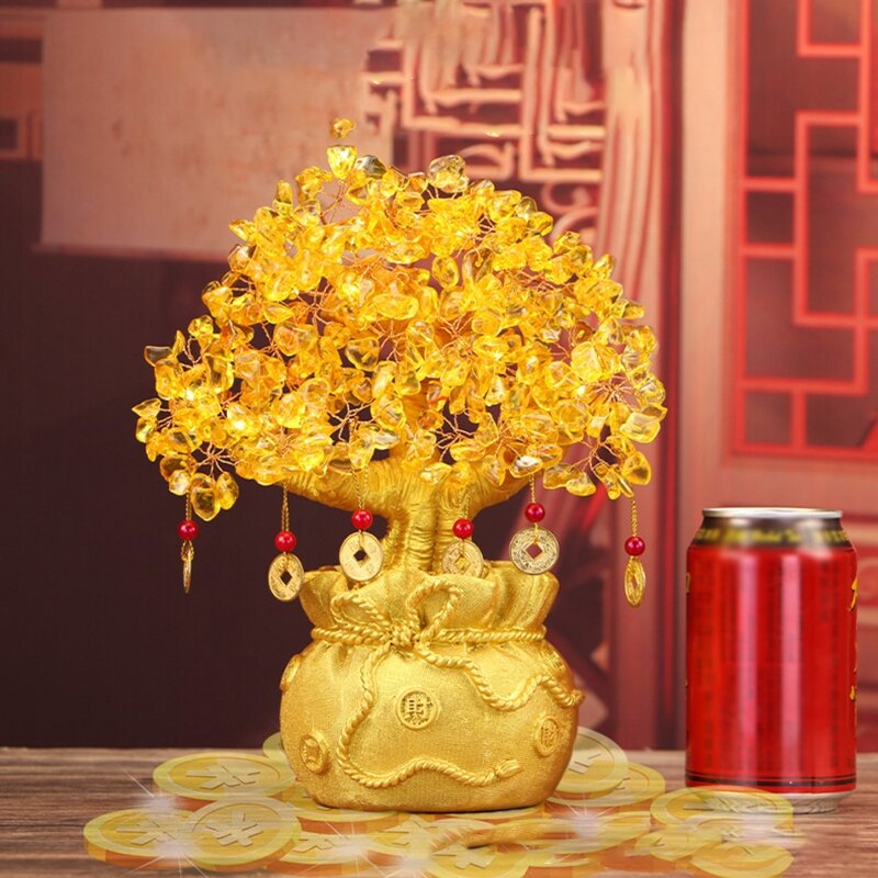 الأصفر كريستال الإبداعية سيترين محظوظ شجرة الصينية فنغ شوي المال شجرة ثروة شجرة لسطح المكتب زخرفة المنزل الديكورات دروبشيب
