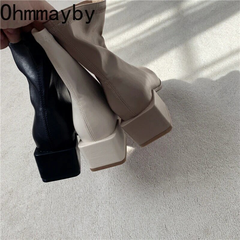 Autumn Thin Ankle Boots For Women 2022 Square Toe Elegant Chelsea Boots Soft Leather Lady Office Fashion Mid Heel 5CM Shoes