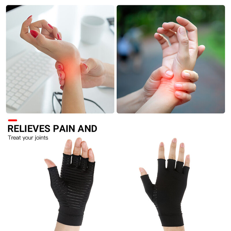 1 زوج ضغط قفازات اليد النحاس التهاب المفاصل قفازات ماكينة ليزر لتخفيف ألم المفاصل نصف الاصبع المضادة للانزلاق العلاج قفازات للمرأة رجل