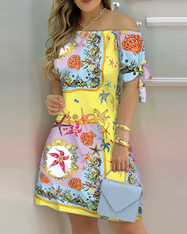 2022 Summer Hot Fashion Sexy Women's One-shoulder Short-sleeved Printed Casual Dress  Mini Dress  Maxi Dresses
