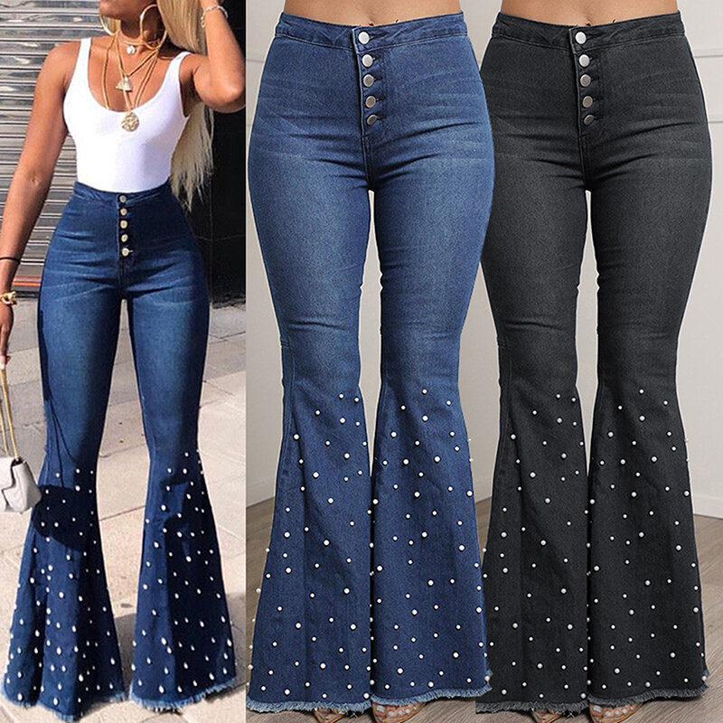 سراويل نسائية مضيئة جينز صيفي جديد بخصر عالٍ جينز نسائي مطاط متوهج جينز بناتي جينز ضيق واسع الساق من قماش الدنيم