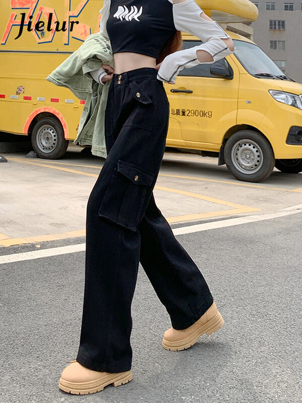 Jielur ملابس عمال أسود البضائع الجينز النساء الشارع الشهير متعدد جيوب عالية الخصر السراويل للنساء كول مستقيم بنطال ذو قصة أرجل واسعة S-XL