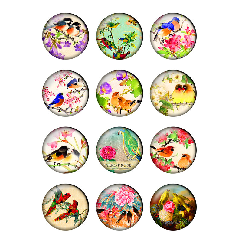 24pcs/lot Flowers & Birds Pattern Glass Cabochons 12mm 14mm 18mm 25mm Flat Back DIY Jewelry Making Findings & Components T179