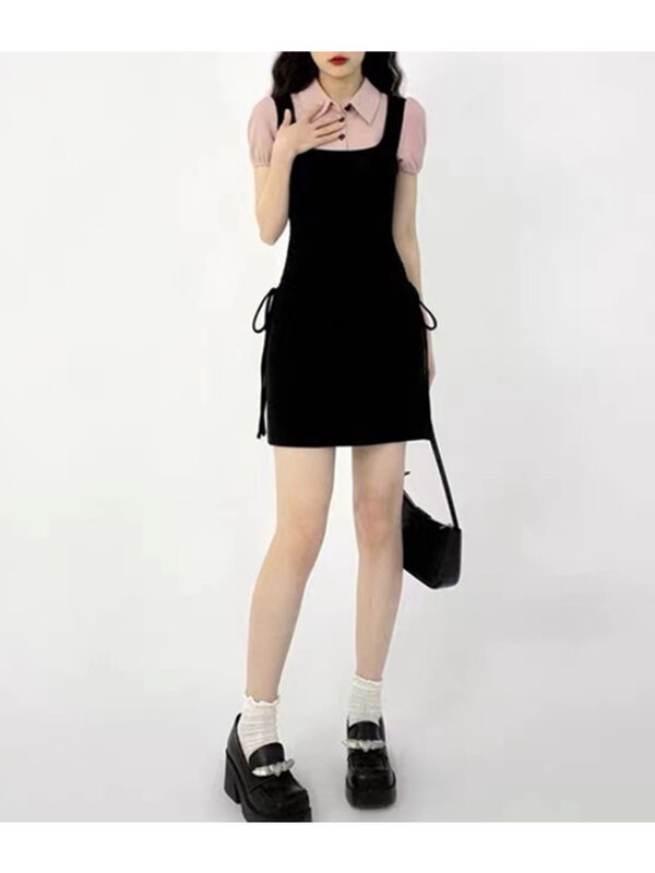وهمية قطعتين الوردي قميص الأشرطة فستان أسود الصيف كلية تصميم التجاعيد ضئيلة بولو طوق فقاعة قصيرة الأكمام تنورة الإناث