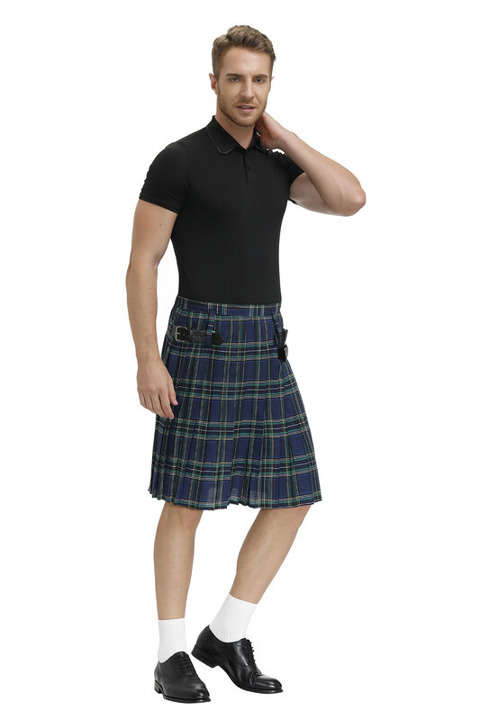 Men Scotland Kilt Traditional Plaid Belt Pleated Bilateral Chain Gothic Punk Hip-hop Avant Garde Scottish Tartan Pants Skirts #5