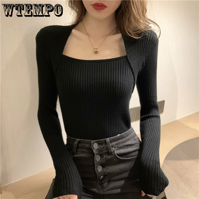 WTEMPO Square Neck Knitted Long Sleeved Shirt Slim Fitting T-shirt Women's Fake Two-piece U-shaped Top Bottoming Knitwear Winter #4