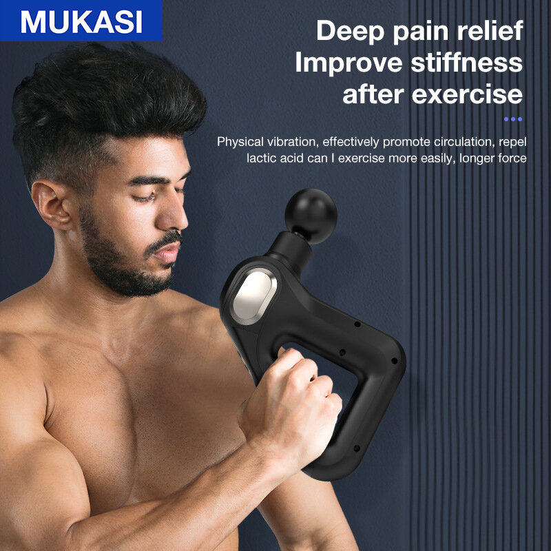 MUKASI تدليك بندقية الأنسجة العميقة جهاز مساج كهربائي الرقبة الجسم العضلات تحفيز قرع مسدس الألم الإغاثة الاسترخاء اللياقة البدنية