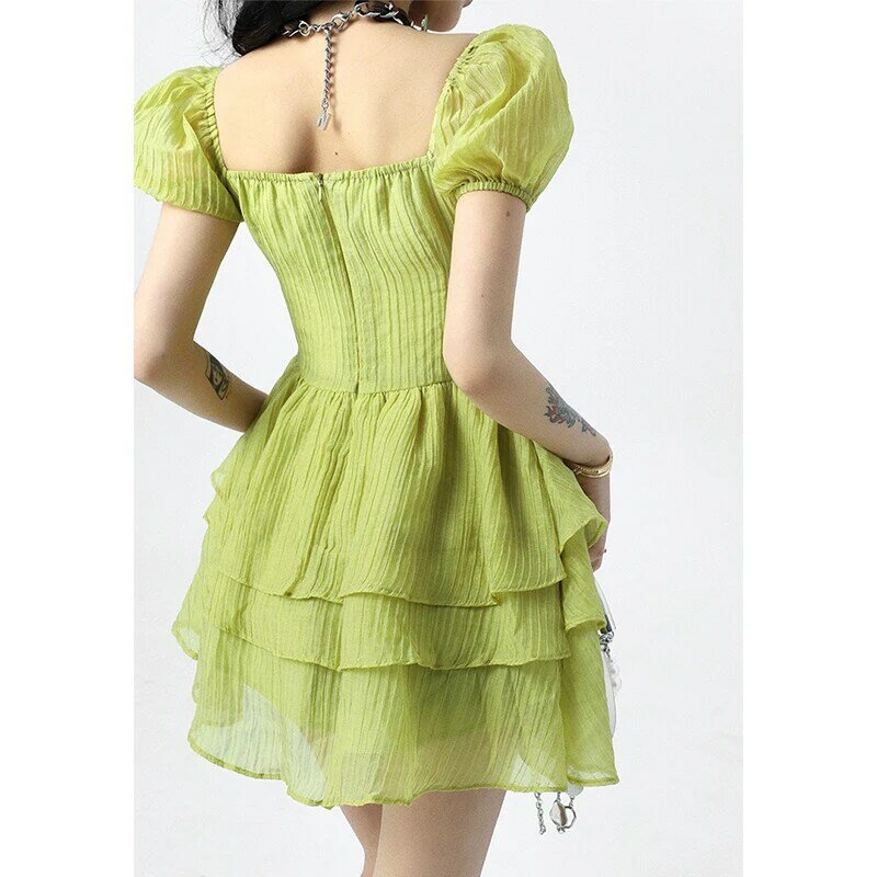 ملابس نسائية فستان شبكي أخضر فرنسي نفخة قصيرة الأكمام موضة غير رسمية عالية الخصر الذاتي زراعة تنورة قصيرة السيدات الصيف