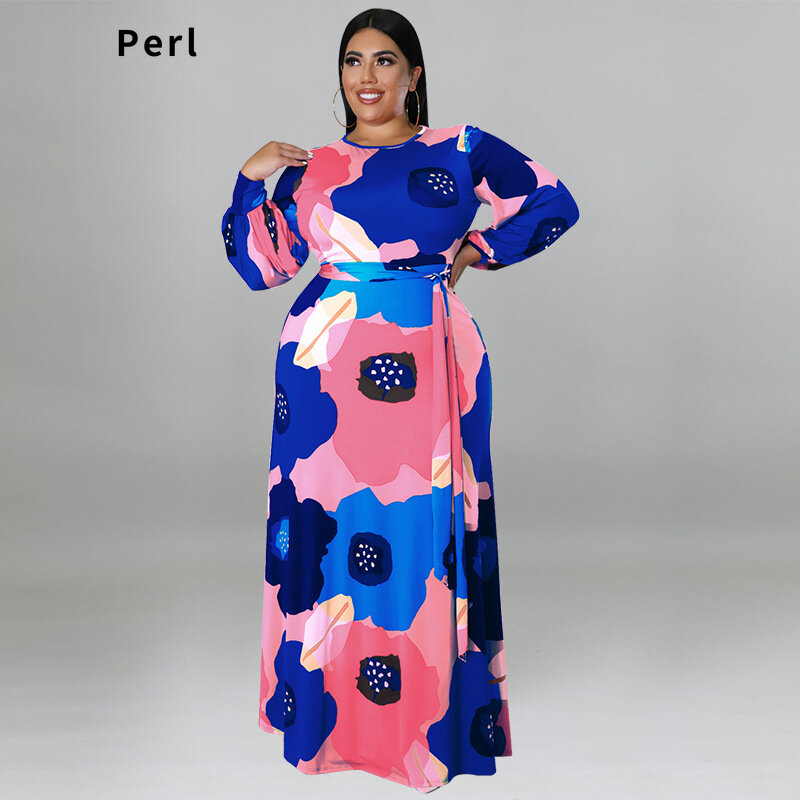 Perl مطبوعة كم كامل فساتين للنساء 2022 حجم كبير ملابس الخريف الجولة الرقبة عالية الخصر فستان طويل بوهو ملابس الشاطئ