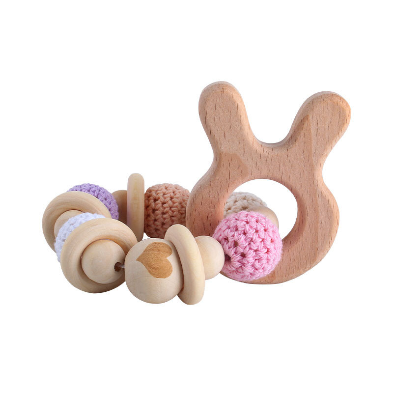 Baby Teether Wooden Rattle Cartoon Animals Beads Ring Bracelet Kids Teething Toys Rattles Baby Accessories Toys Wood Teether