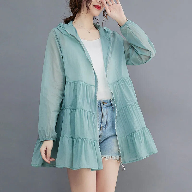 Korean Version Summer Light Thin Sun Protection Clothing Women Hooded Medium Long Loose Show Thin Cover The Flesh Splicing Coat