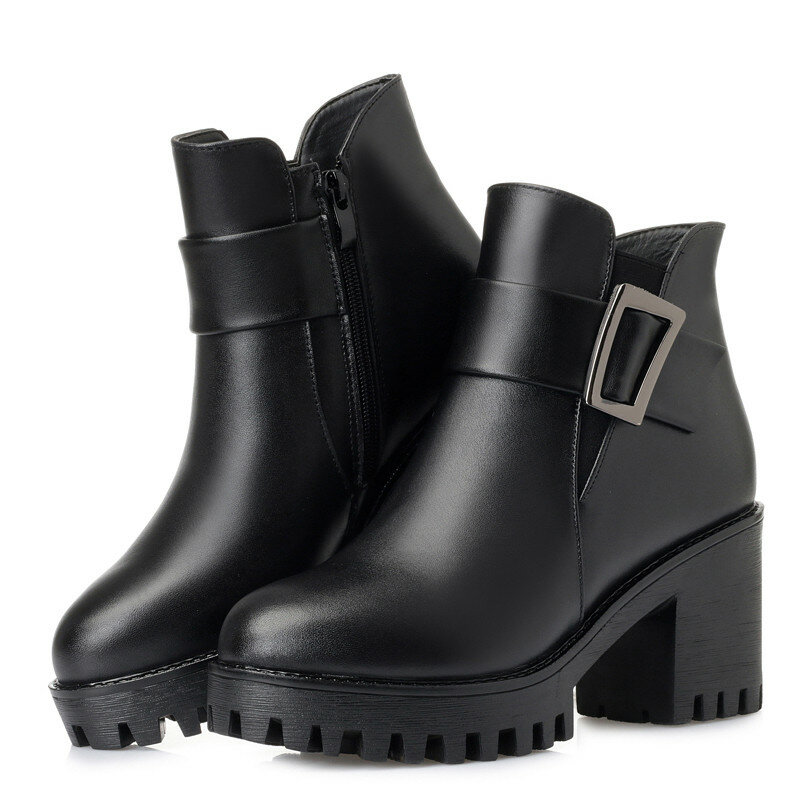AIYUQI 2022 أسود حذاء من الجلد النساء على منصة الشتاء جلد طبيعي الثلوج الأحذية كعب الفاخرة الصوف الأحذية الإناث