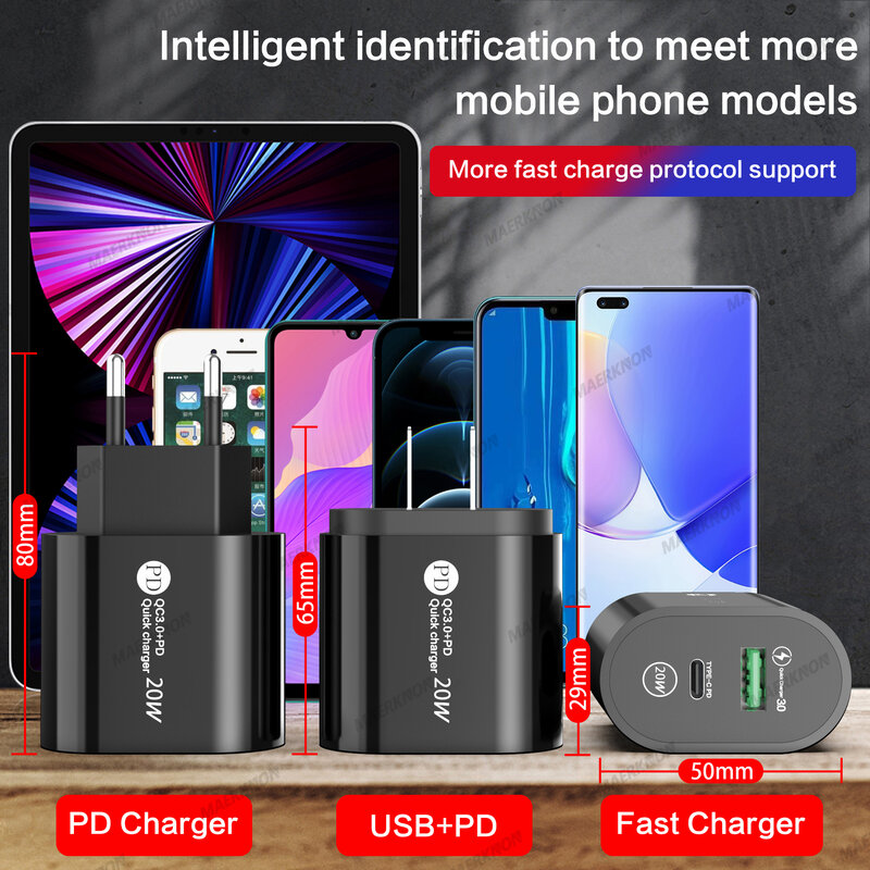 Maerknon PD USB Charger Fast Charging Charger USB-C Adapter Quick Charge Mobile Phone Charger For iPhone 13 12 11 Pro Max Xiaomi