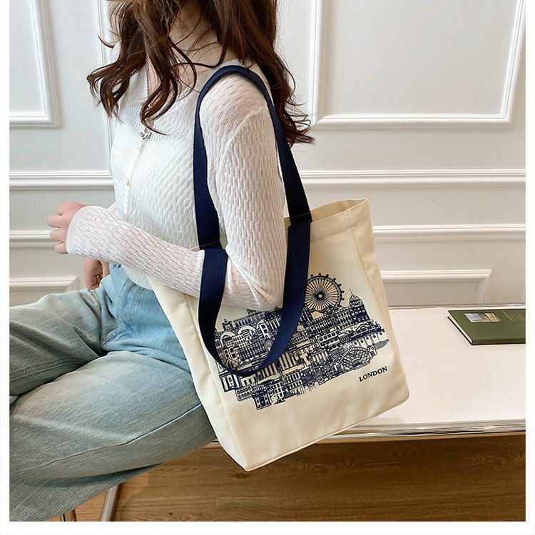 المرأة قماش حقيبة الكتف لندن كتب طباعة السيدات حقيبة يد غير رسمية حمل حقيبة قابلة لإعادة الاستخدام سعة كبيرة القطن التسوق حقيبة الشاطئ #3