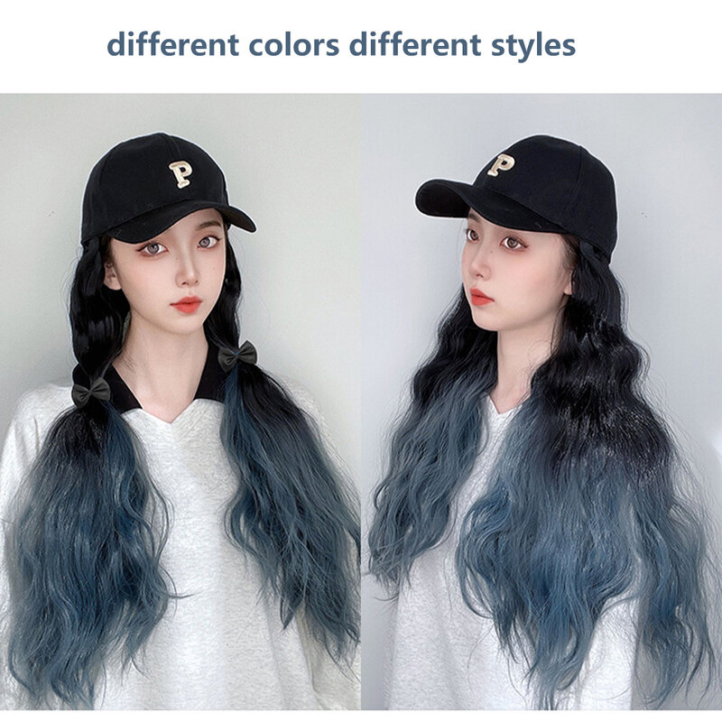 SEEANO طويل الاصطناعية رقيق متموج الأزرق الأخضر شعر مستعار مع الوردي أسود أبيض قبعة بيسبول للنساء قابل للتعديل قبعة شعر مستعار #4