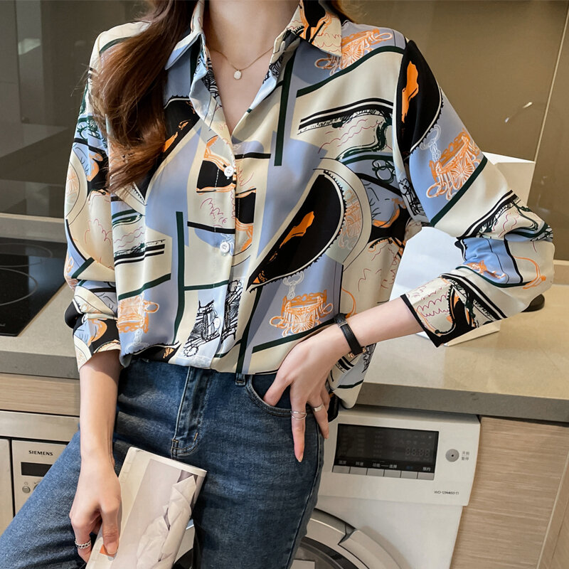 خمر هونغ كونغ نمط قميص مطبوع المرأة الشيفون قميص بأكمام طويلة 2022 الربيع زهرة زر قميص حتى قميص camas mujer