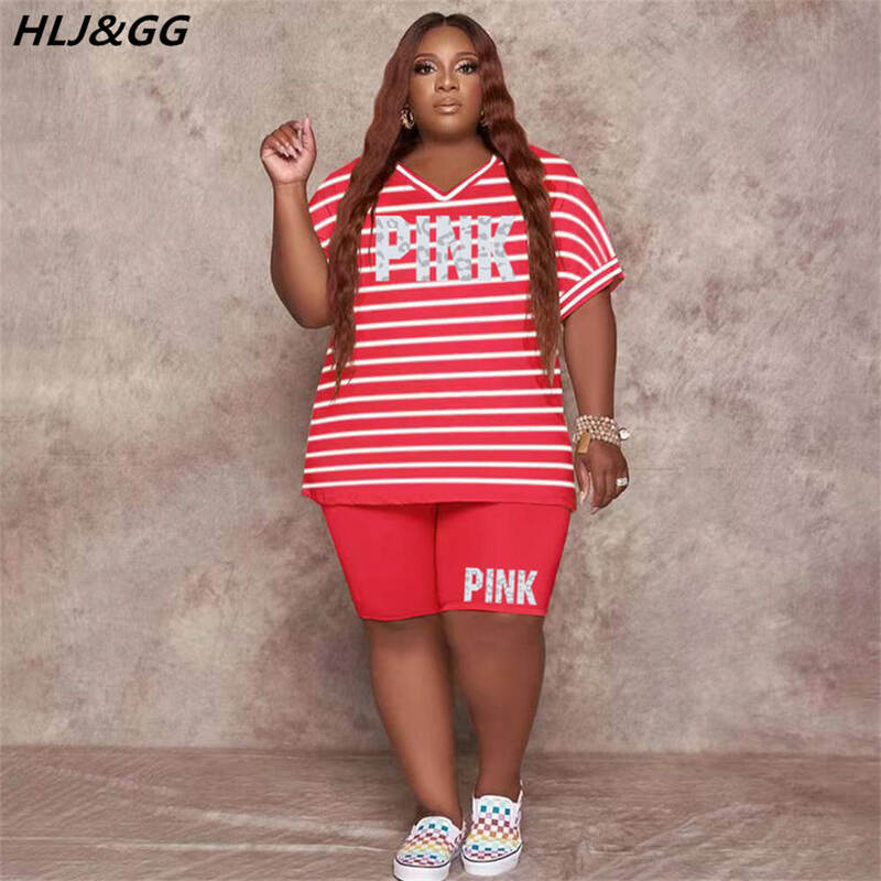 HLJ & GG عادية مخطط فضفاض حجم كبير قطعتين مجموعات المرأة الوردي إلكتروني طباعة الخامس الرقبة التي شيرت + شورت موضة 2 قطعة ملابس الشارع الشهير 2022
