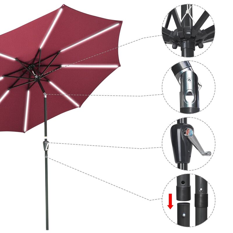 10ft متعددة الوظائف Alu 8LED قطاع مظلة بمصابيح إضاءة البوليستر مظلة حمراء داكنة