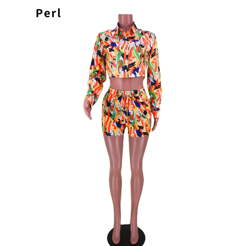 Perl مطبوعة كم كامل بلوزات + بدلة قصيرة موضة قطعتين مجموعة عادية مطابقة الزي جديد أنيق النساء الملابس عالية الشارع ارتداء