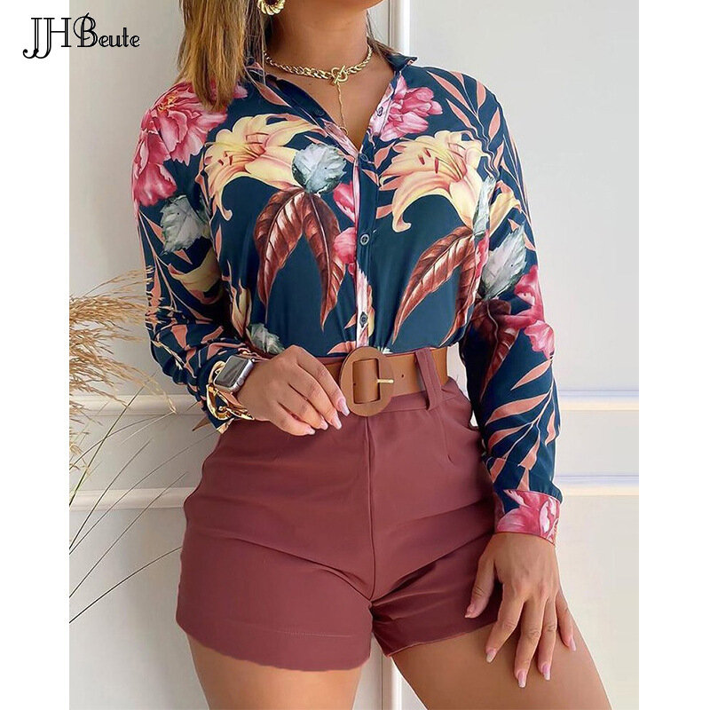 Women's Fashion Clothing JHBeute 2022 Summer Beach Stand Collar Long Sleeve Printing Shirt Ladies Casual Top Shorts Mujer
