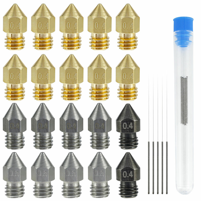 3D Printer Nozzles 25pcs MK8 Extruder Nozzles 0.4mm 0.5 mm Hardened Steel Stainless Seel Brass 3D Printer Nozzle Cleaning Needle