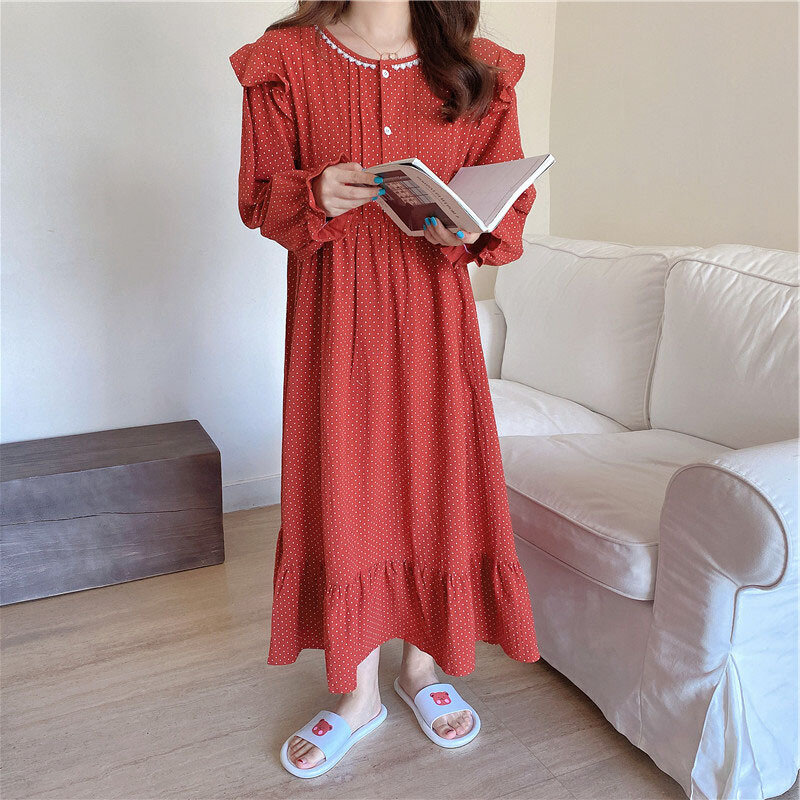 QWEEK القطن ملابس خاصة الكورية المرأة ملابس نوم البولكا نقطة فستان سهرة فستان طويل ثوب النوم الخريف ملابس النوم فضفاضة المتسكعون غير رسمية
