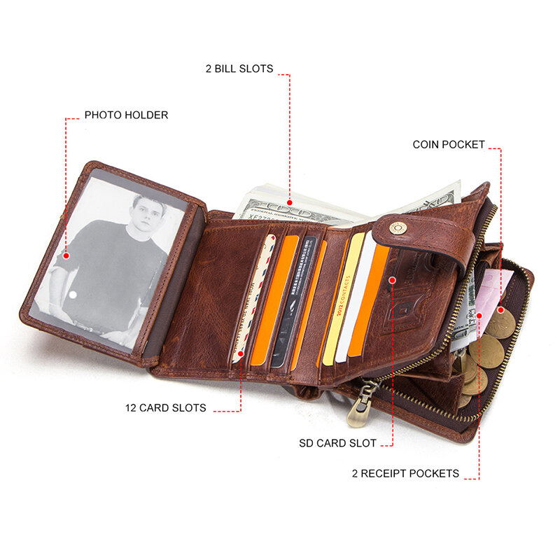 CONTACT'S جلد طبيعي محافظ للرجال قصيرة ثلاثية أضعاف محفظة رجالية عادية فاخرة العلامة التجارية البريدي محفظة للعملة حاملي بطاقة المال كليب #4