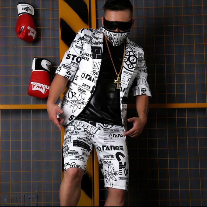 Custom Made Suits Set Men Casual Graffiti Hip Hop Half Sleeve Suit Jacket Party Stage Singer DJ Suits