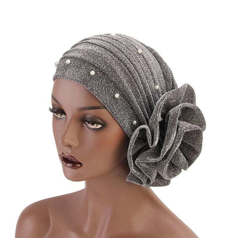 Elegant Pearls Shiny Silk Turban Cap Women Muslim Hijab Islamic Jersey Chemo Cap Big Flower Head Scarf Ladies Head Wrap CoverEle