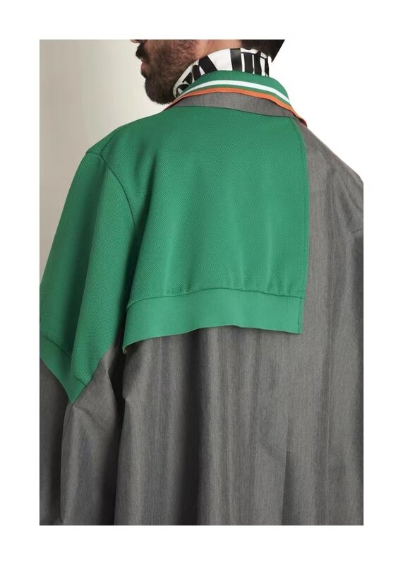 اليابان نمط الأسود والأخضر اثنين قميص بولو ملون التطريز خياطة الرجال سترة واقية سترة واحدة الصدر M-طول معطف فضفاض