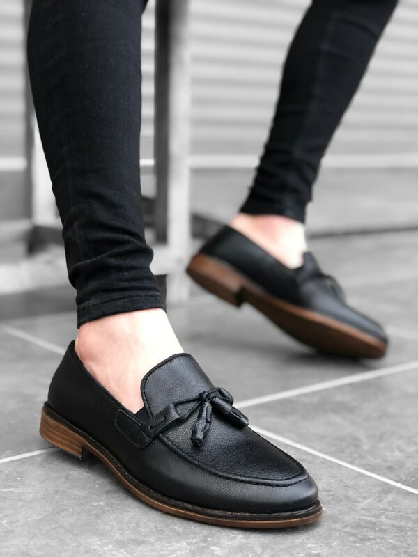 ER0130 İçi Dışı Hakiki Deri Siyah Püsküllü Corcik Klasik Erkek Ayakkabı