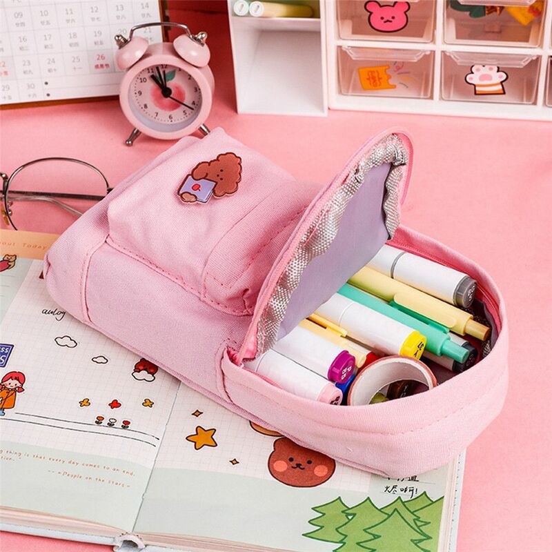 Students Pencil Bags Large capacity Korean Cartoon With Brooch Pencil Cases Canvas