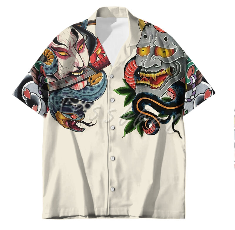 قميص رجالي هاواي Harajuku قمصان غير رسمية الصيف المحملة الساموراي اليابانية الوشم ثلاثية الأبعاد طباعة بلوزات الموضة المتضخم بلوزة الشارع الشهير