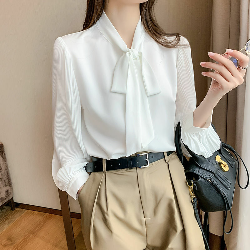 Bow Tie Women's Long Sleeve Top Business Attire White Shirt Korean Fashion Loose Chiffon Top High Quality Designer Folds New
