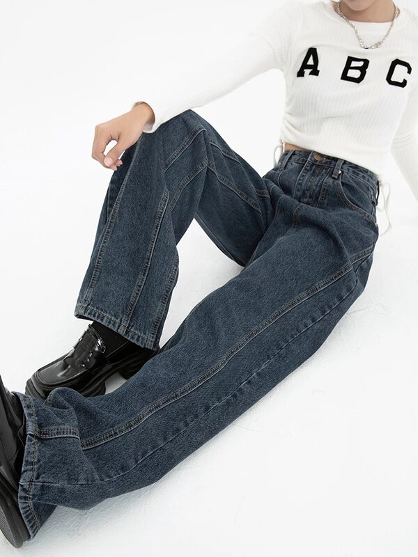 سراويل جينز حريمي موضة أمريكية عالية الخصر واسعة الساق سراويل جينز هاراجوكو كلاسيكية مستقيمة زرقاء داكنة بنطلون ملابس الشارع عادية