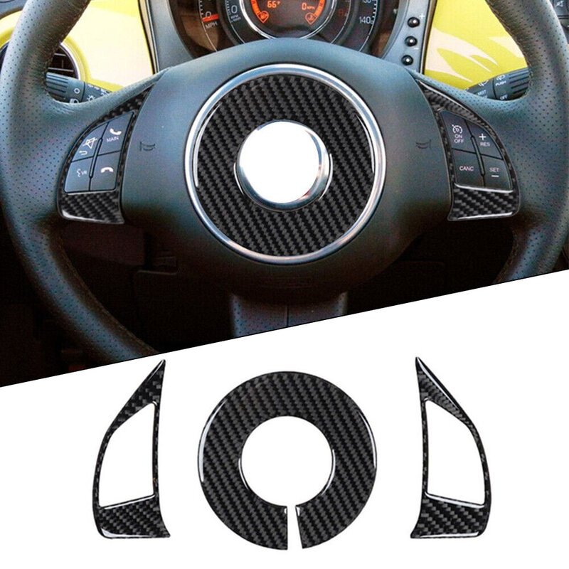 أسود ألياف الكربون الداخلية عجلة القيادة ، لهجة غطاء الكسوة لشركة فيات 500 ، 2012-15 ، ذاتية اللصق ، سيارة أنيقة الديكور جزء ، 3 قطعة #1