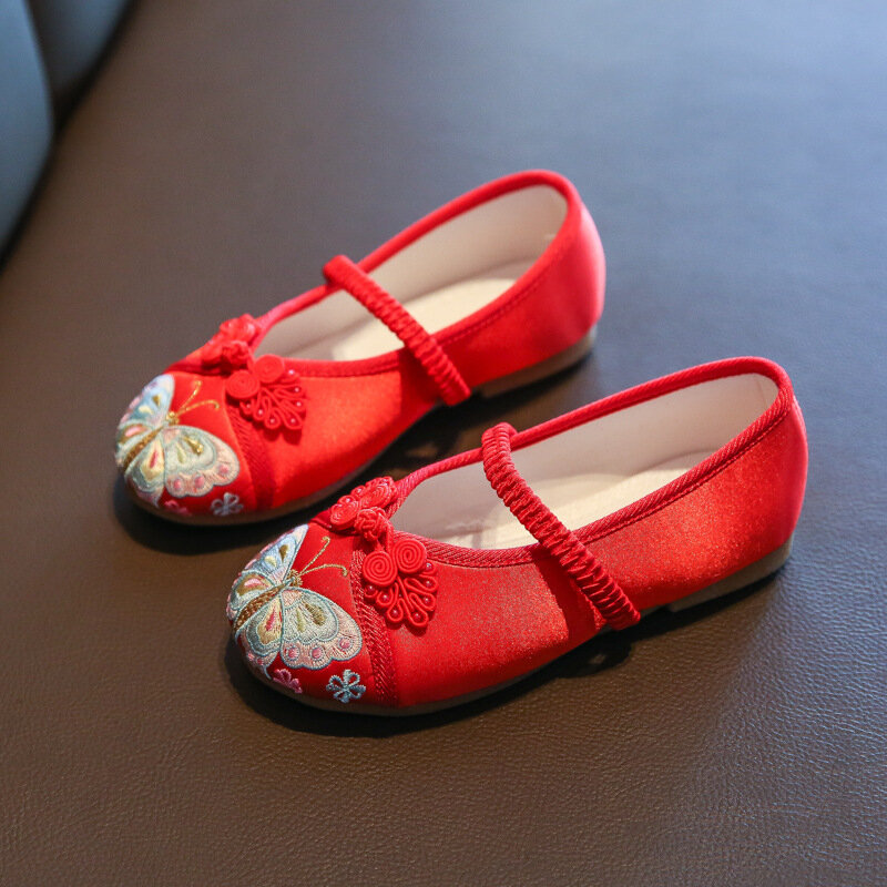 الأطفال المطرزة أحذية الفتيات القديمة بكين الصينية التقليدية عطلة أداء الأحذية العرقية فراشة القماش الشقق حجم 25-37