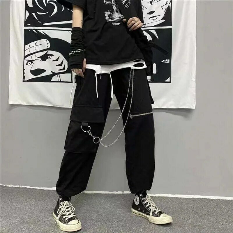 إيمو الرجال السود اليابانية Harajuku الشارع الشهير السراويل البضائع الشريط جيوب Sweatpants العداء Techwear الحريم بنطال رياضي الملابس