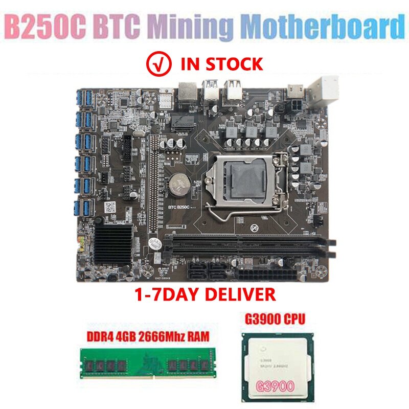 B250 btc B250C BTC التعدين اللوحة مع G3900 وحدة المعالجة المركزية + DDR4 4GB 2666MHZ RAM 12XPCIE إلى USB3.0 فتحة للبطاقات LGA1151 للتعدين BTC