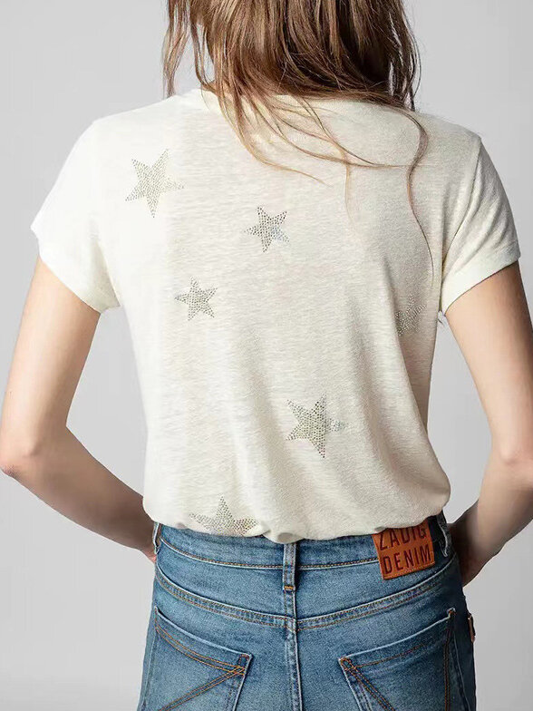 Star Patterns Hot Drill Print Tee T-shirt White Cotton Summer Round Neck Tshirt Casual Tops Femme 2023 New Fashion Streetwear