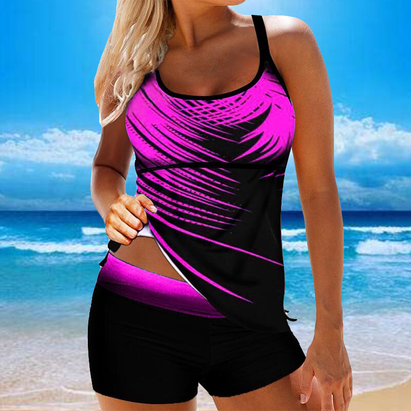 مثير ملابس السباحة النساء ورقة مطبوعة عارية الذراعين شاطئ Tankini دعوى الصيف السباغيتي حزام قطعتين ملابس السباحة مجموعة البكيني 8XL