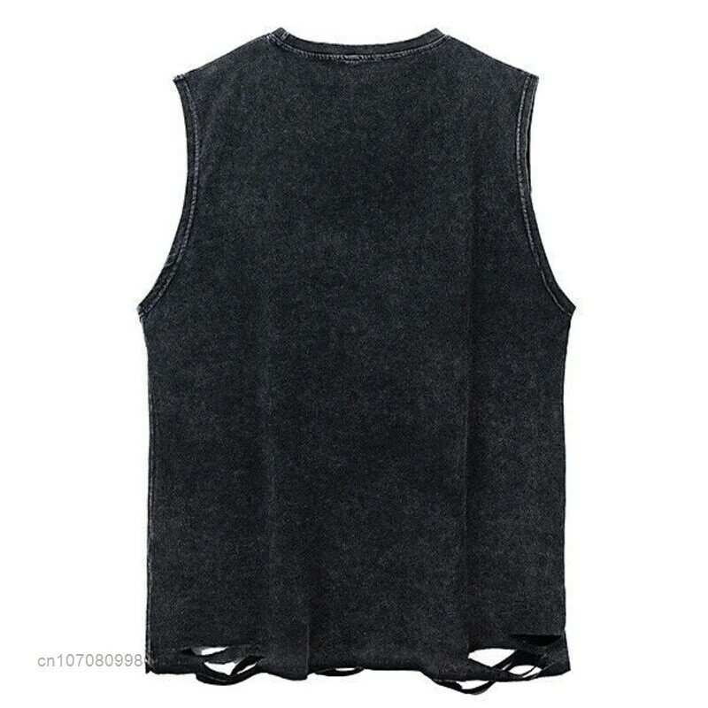 Cotton European And American Street Vitage Letter Printing Necklace Washed Vest Men Hip Hop Fashion Sleeveless T-shirt Tank Top