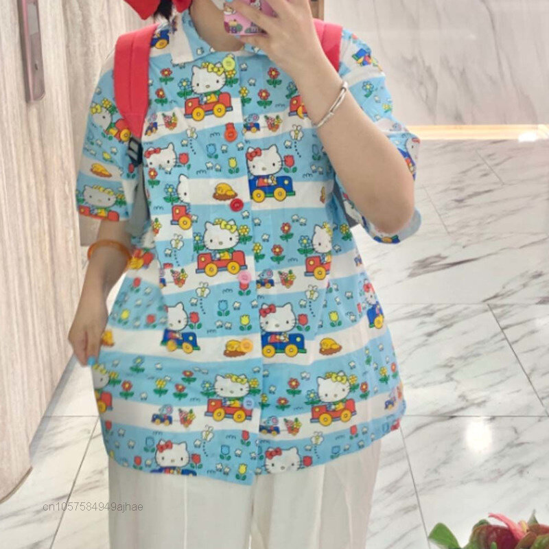 سانريو مرحبا كيتي المطبوعة النساء ملابس الصيف قمصان خمر مع قصيرة الأكمام Y2k بلايز الأزرق قميص فضفاض بلوزة عصرية الإناث