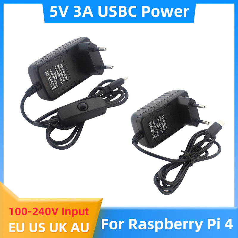 محول طاقة من Raspberry Pi 4 مزود بـ 5 فولت 3A ومحول طاقة من النوع C ومحول طاقة للاتحاد الأوروبي والولايات المتحدة والمملكة المتحدة والاتحاد الأفريقي ...